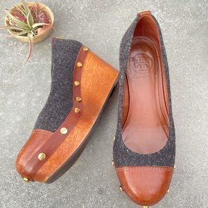 Tory Burch Leather Wool Wooden platform wedges 5.5